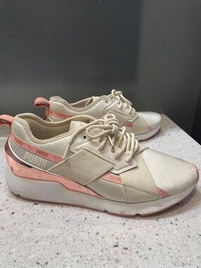 Puma Cream Sneakers with Pink Metallic Accents